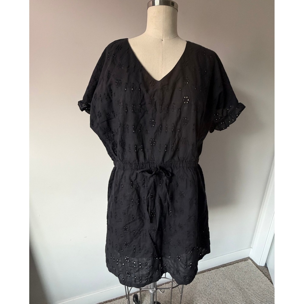 Couture Accessories Black Eyelet Cotton Beach Cover Up Dress Large V-Neck Travel